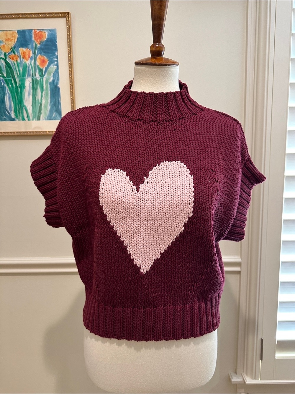 Maeve Burgundy Knit Cowl Sweater with Pink Heart